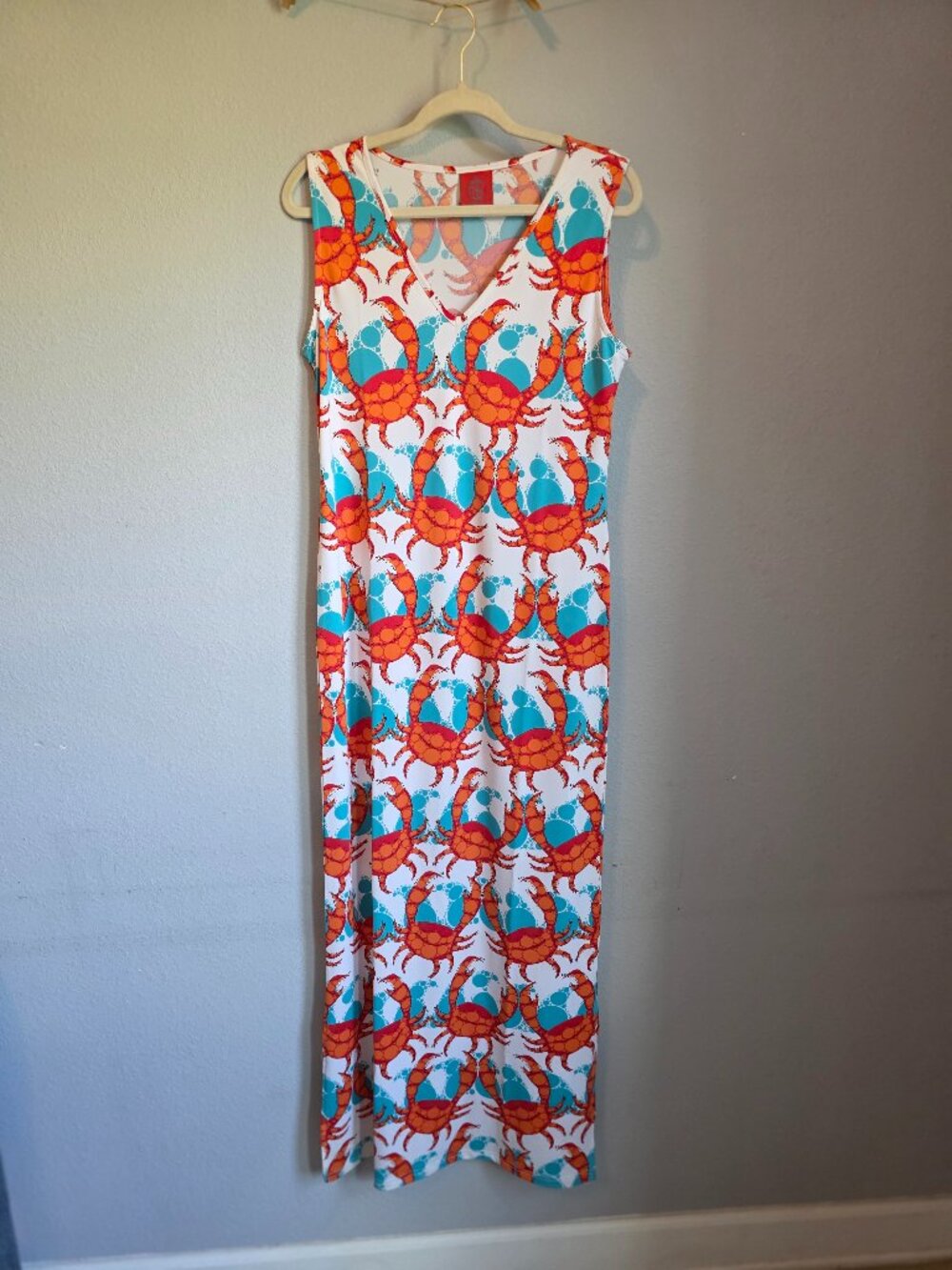 Tracy Negoshian Valentina Size L Crab Print Coastal V-Neck Maxi Dress